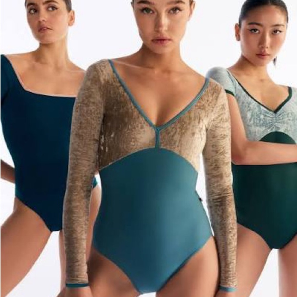 Yumiko Teal and Gold Velvet Long-Sleeve V-Neck Bodysuit